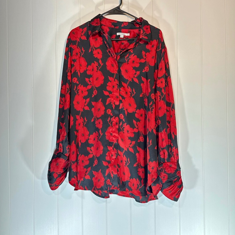 Chico's Red Black Floral Satin Button Down Blouse Top Size 3 XL 16 Zipper Cuffs